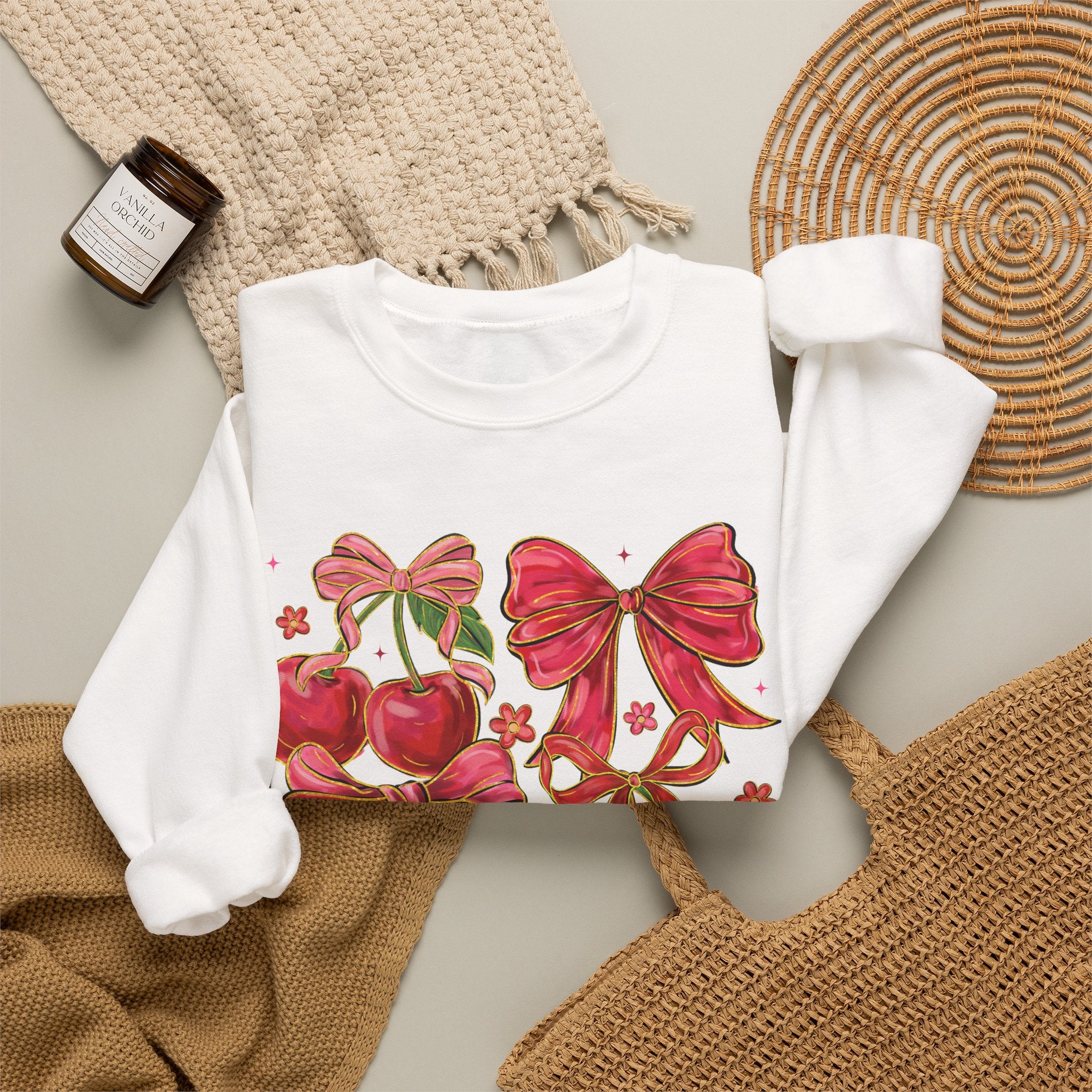 Pink Cherries & Ribbon Graphic - Crewneck Sweatshirt