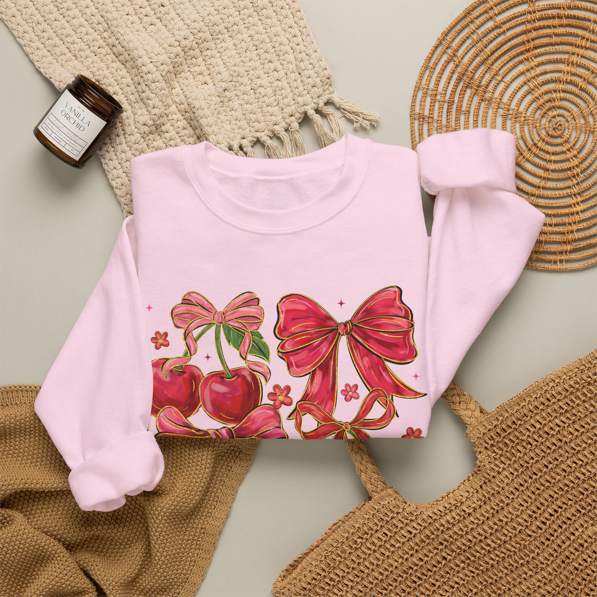 Pink Cherries & Ribbon Graphic - Crewneck Sweatshirt